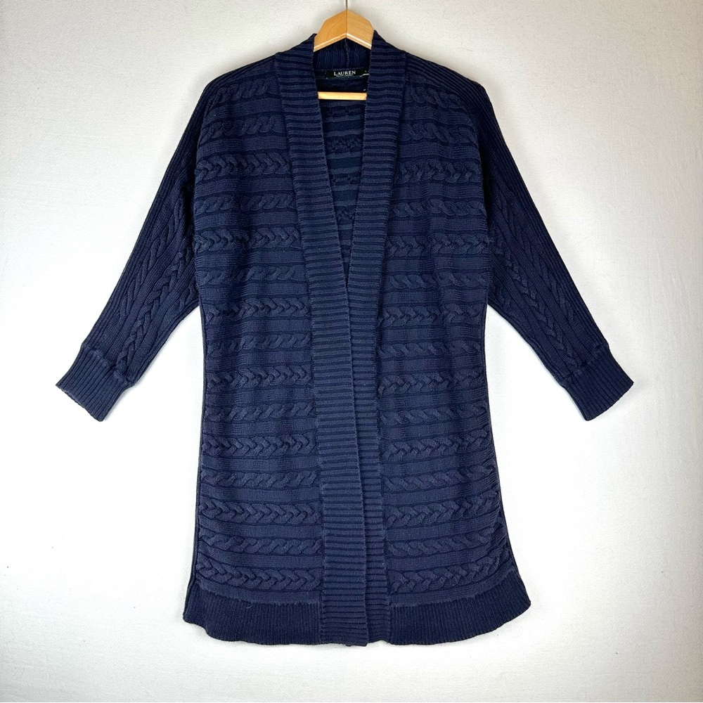 Lauren Ralph Lauren Cable Open Front Long Cardigan Sweater Office Classic